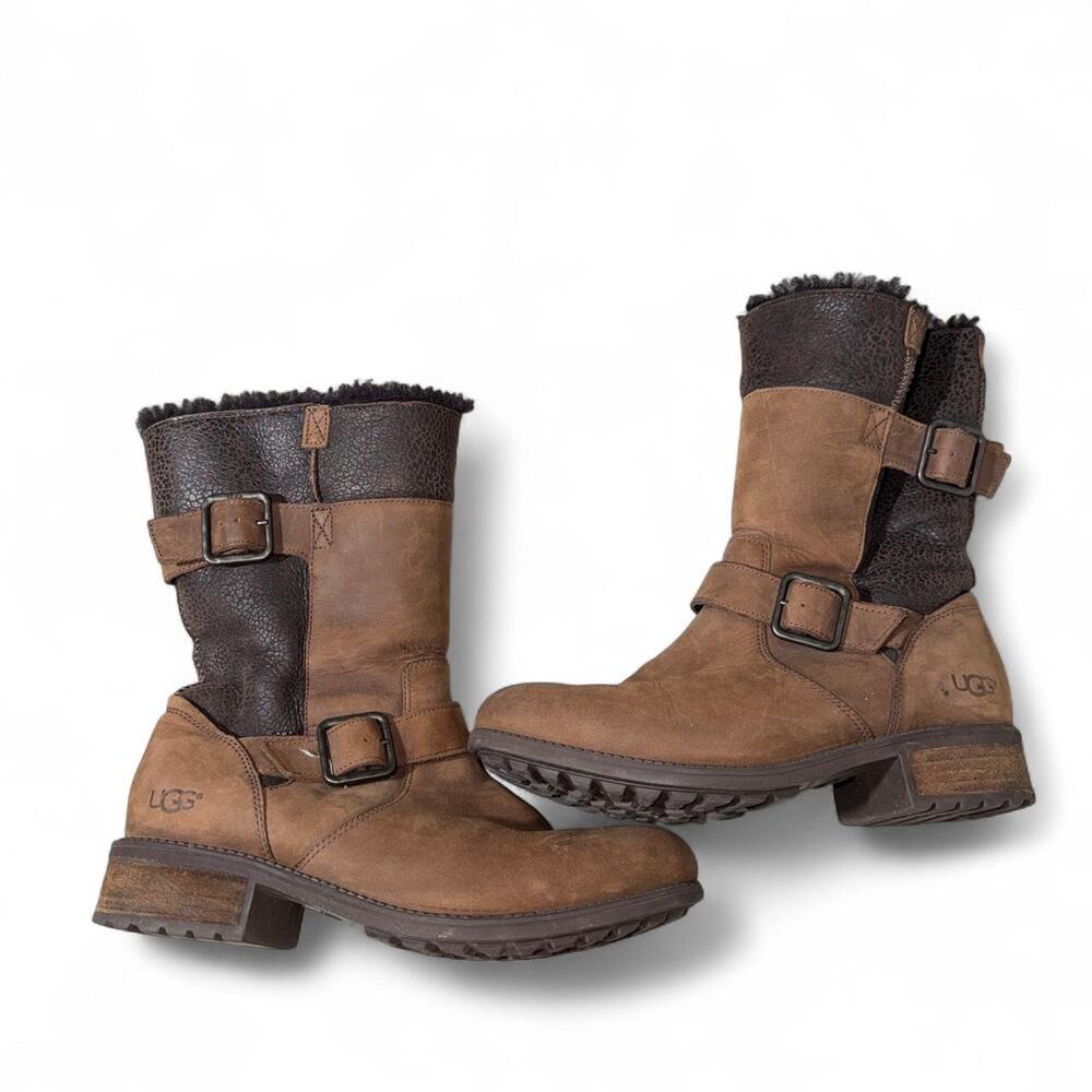 UGG Australia Genuine Shearling Buckle Moto Leather Boots Size 9 $280 Retail
